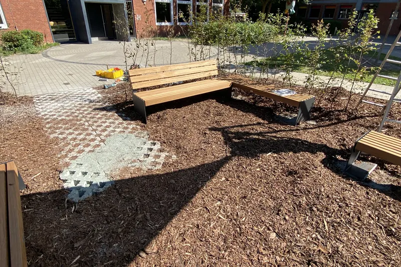 Außenanlage vor dem Schulgebäude mit Bänken und Jungbäumen